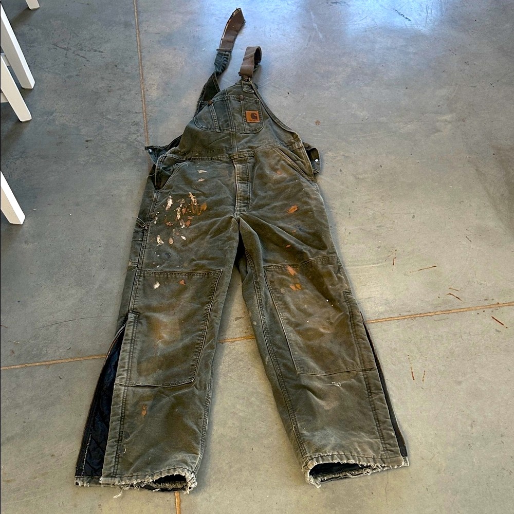 90’s carhartt green duck canvas overalls with double carpenter knees